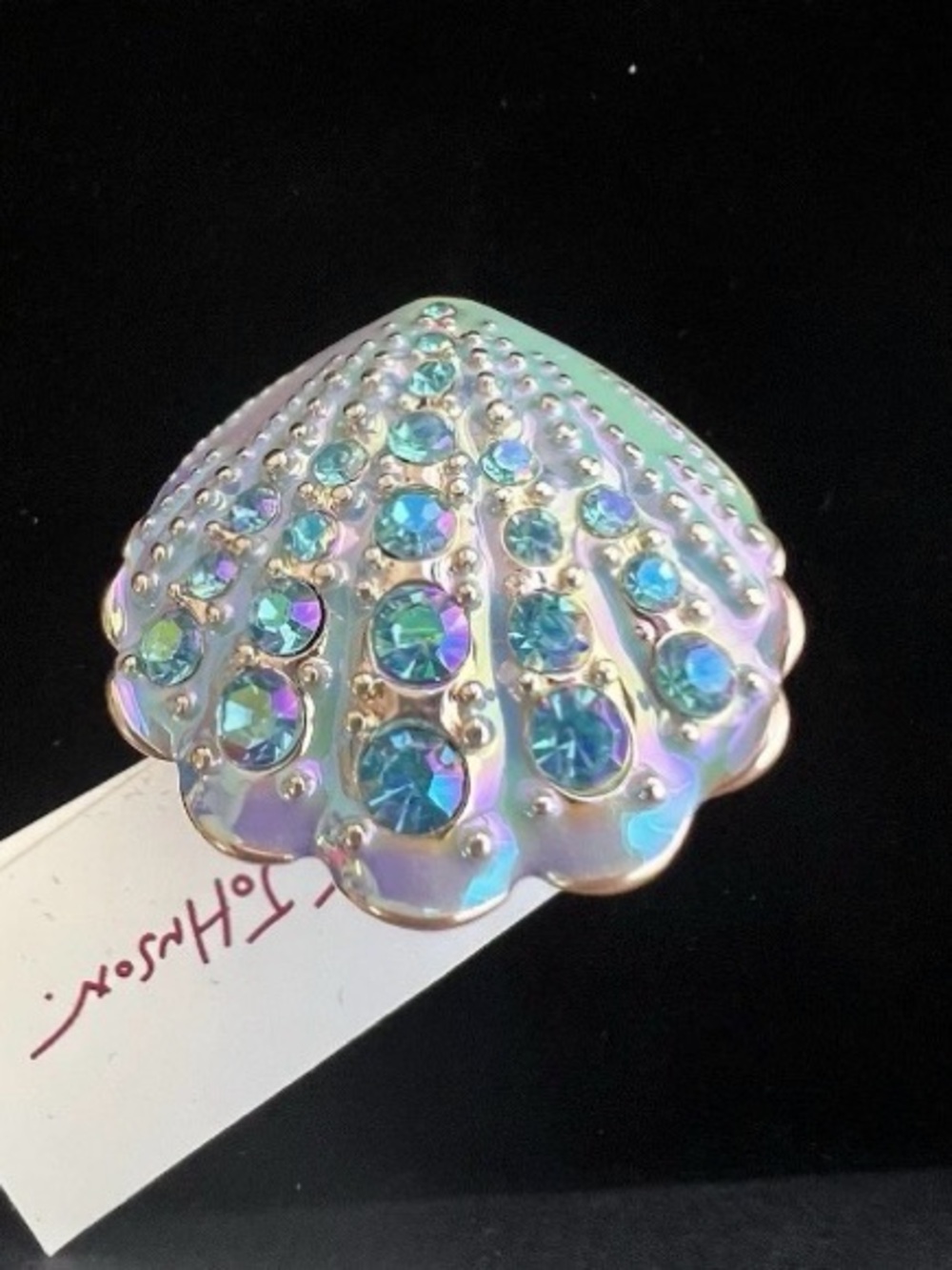 New Betsey Johnson Gold-Tone Pearl Shell stretch Ring with Aqua Crystals - Picture 6 of 16